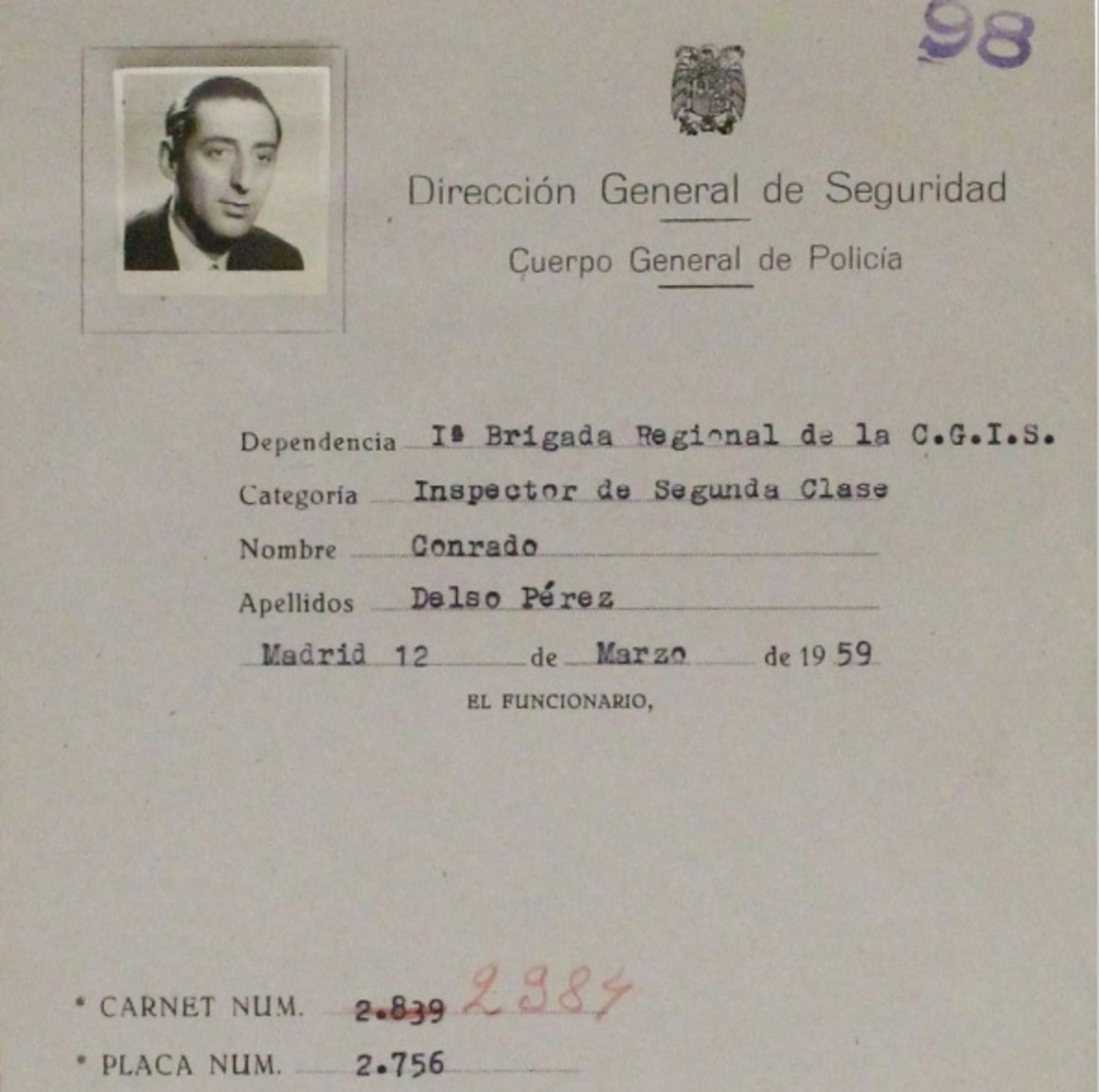 Carné de Conrado Delso, miembro de la Brigada Político Social